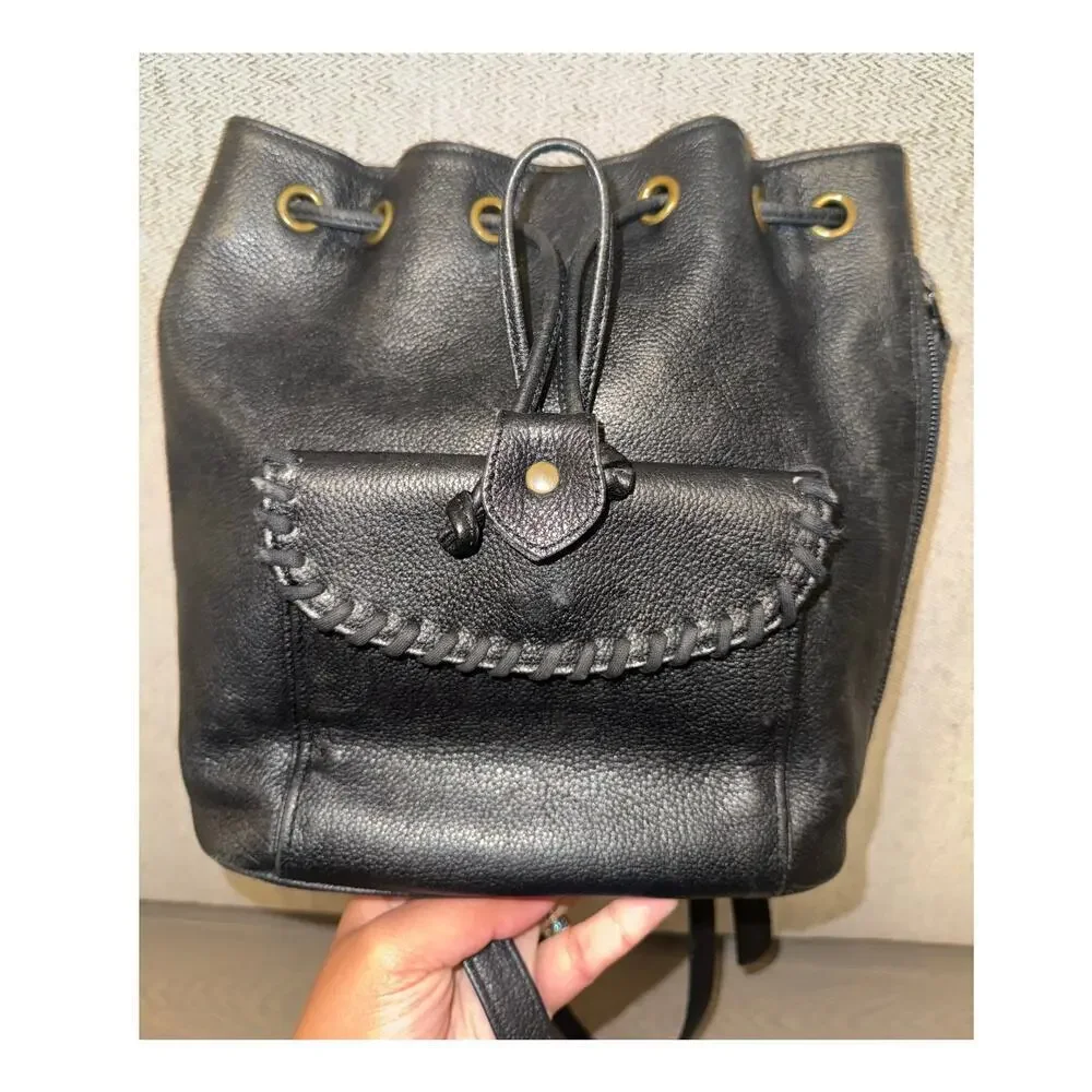YSL Yves Saint Laurent Black Whipstitch Leather Flap Backpack Designer Luxury